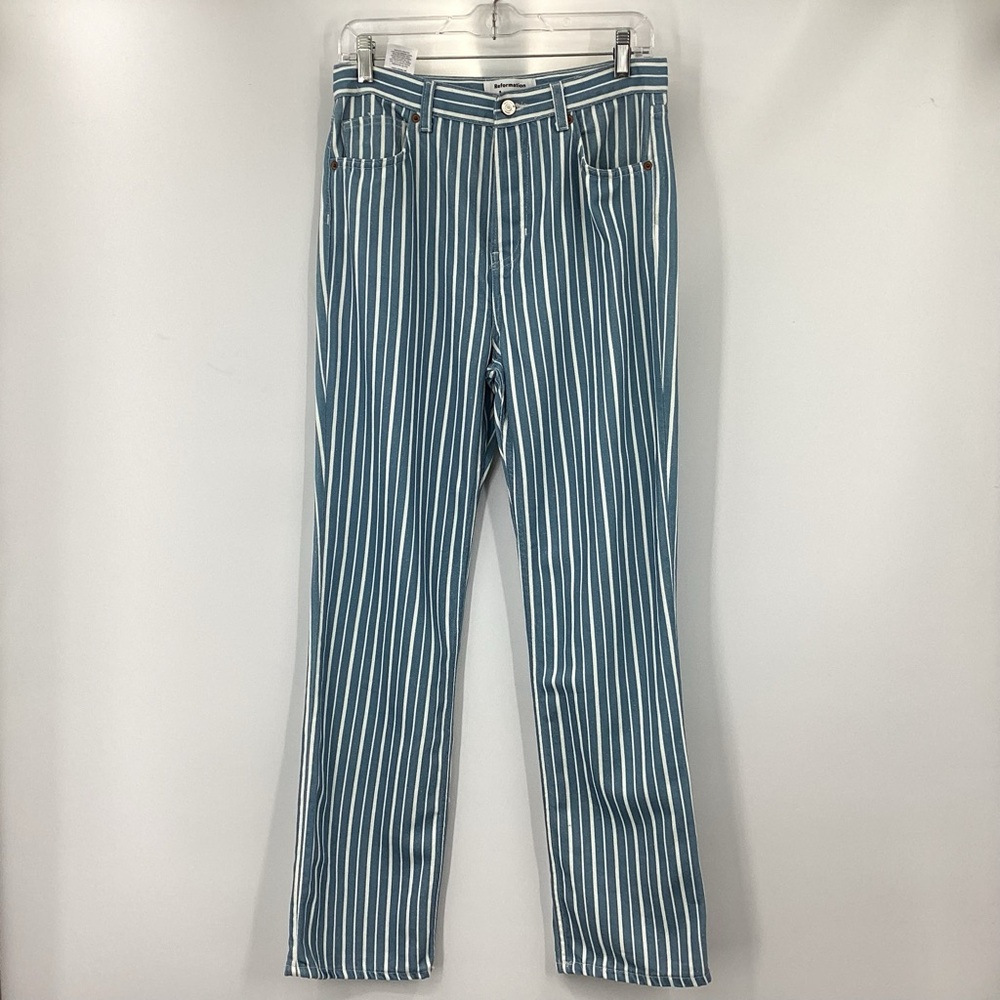 Reformation Teal and White Striped Straight-Leg Jeans